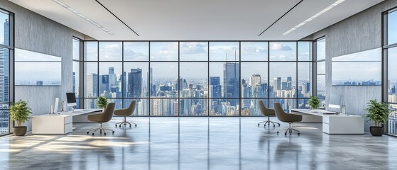 Bright modern office interior with cityscape view from large windows providing a sense of spaciousness and productivity and comfortable chairs