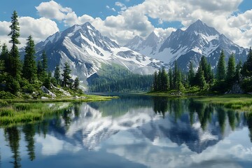 Serene mountain landscape with a reflective lake and lush greenery under a blue sky.