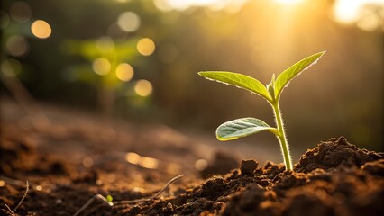 A young green sprout growing in the soil representing new life and growth
