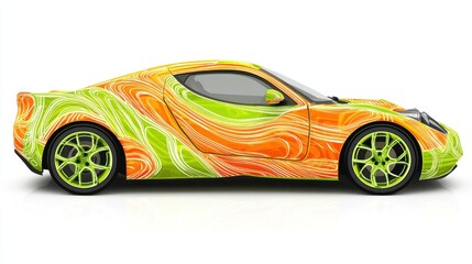 Colorful sports car graphic wrap, studio shot, vibrant abstract design,  background is white