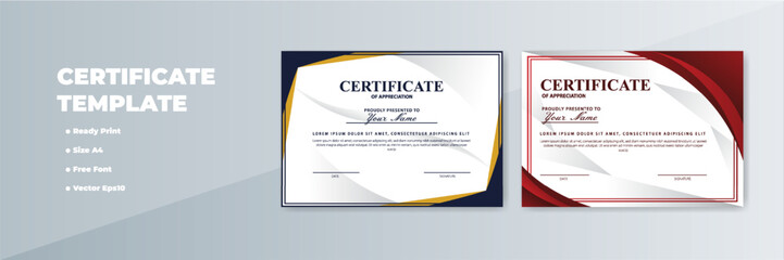 Two A4 certificate templates; white background, gold/red accents; gray backdrop