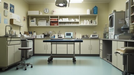 Well-Equipped Veterinary Clinic: Medical Table, Lamps, and Essential Veterinary Equipment in an Organized Office