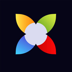 A vibrant logo features four petals in red, blue, yellow, and green, forming a symmetrical pattern.