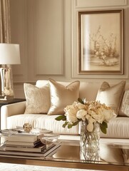 A refined elegant interior features a sofa and art