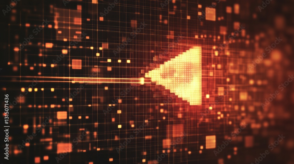 Poster Cursor icon over pixelated grids representing computer services in a digital landscape ready for text