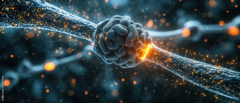 Poster microscopic view of neuronal synapse with glowing connections and dark background for medical and sc