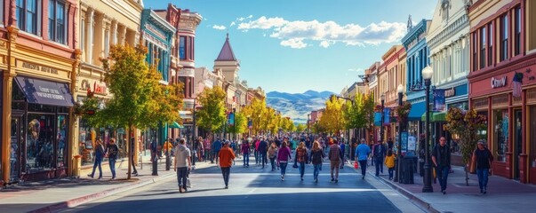 Obraz premium A bustling city street full of people and colorful buildings