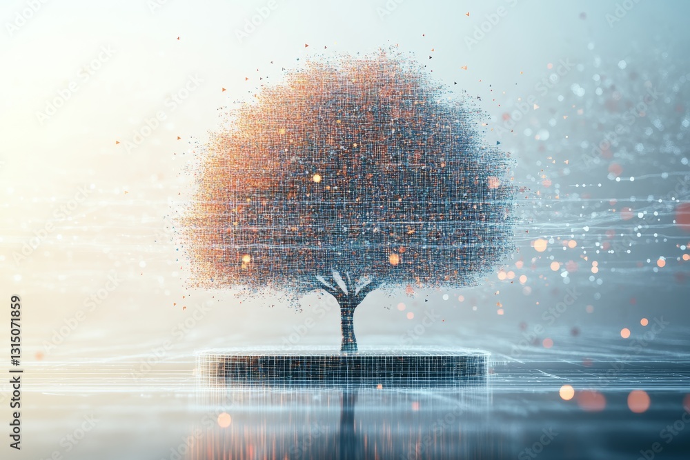 Aufkleber a striking artistic representation of a tree composed of digital elements floats above a serene virt