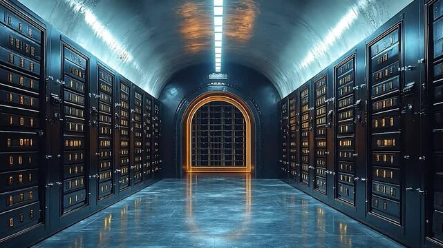 Futuristic vault corridor, secure storage, modern architecture, digital art, background