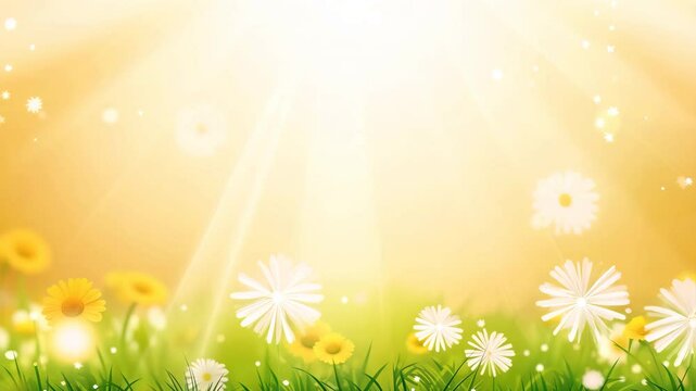 Spring meadow with daisies butterflies and sunny sky vector illustration