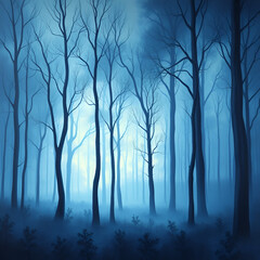 Obraz premium surreal nature scene, an ethereal forest painting with trees blending into the horizon in soft blue tones, lit by a mystical, rippling light