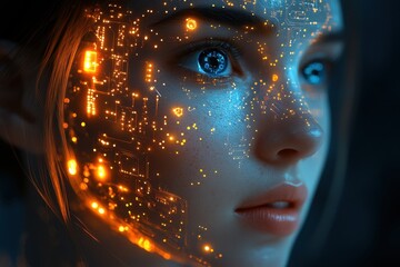 Woman with digital interface overlay and blue eyes looks ahead at night