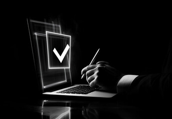 Businessman Using Laptop with Virtual Checkmark on Document Icon. Security Check