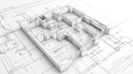 3D model of house plan on blueprint.
