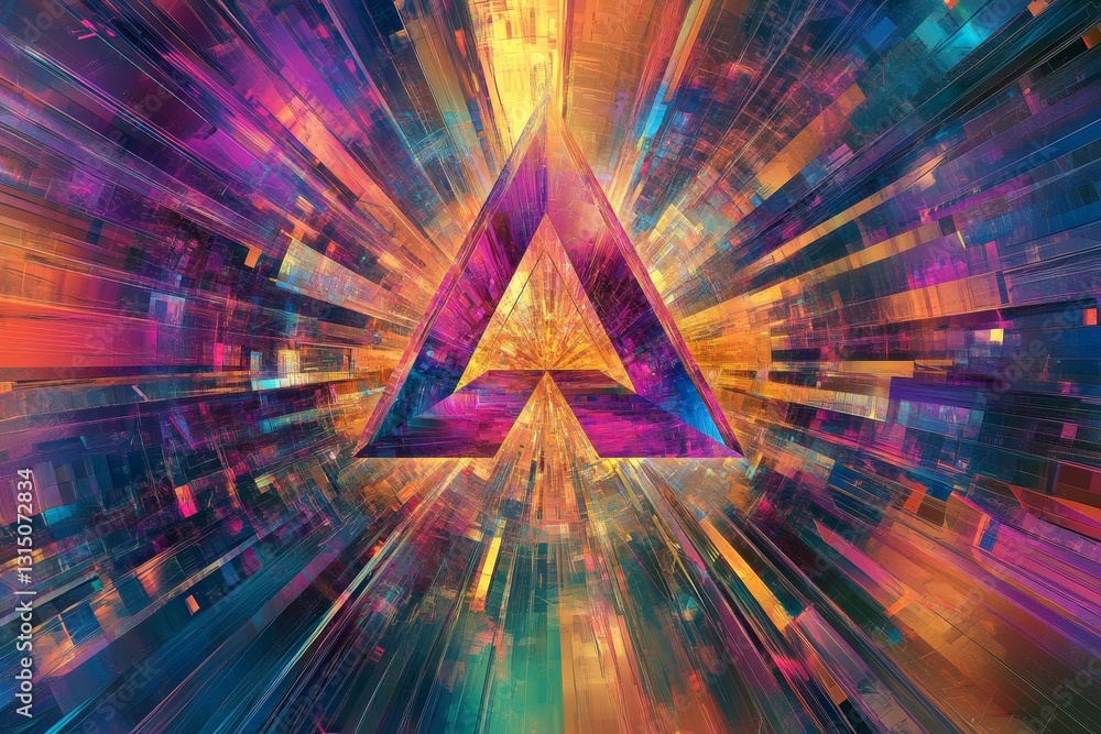 Poster a colorful, abstract image of a triangle with a purple base and a blue top. the triangle is surround