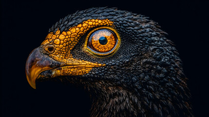 Powerful hawk close-up profile, intense gaze, dark background, wildlife photography, ideal for nature documentaries