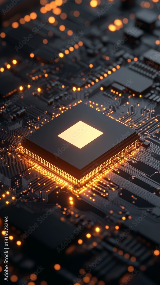Poster this close-up image features a detailed circuit board showcasing a microprocessor with glowing conne