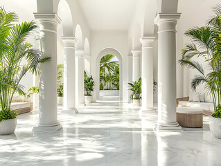 Obraz premium Bright white corridor with classical columns and arches leading to lush greenery bathed in natural light.