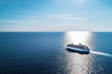 Naklejka premium majestic cruise liner glides across open ocean under clear blue sky its white hull contrasting against deep azure water