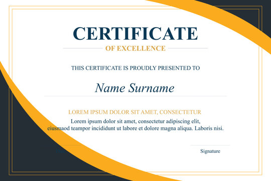 Yellow-gold modern certificate design, white background, achievement award template