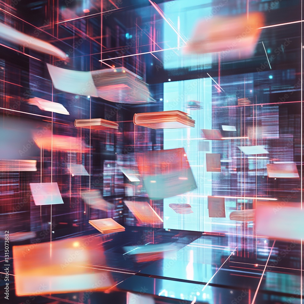 Poster a computer generated image of paper flying through the air. the image is a representation of the dig