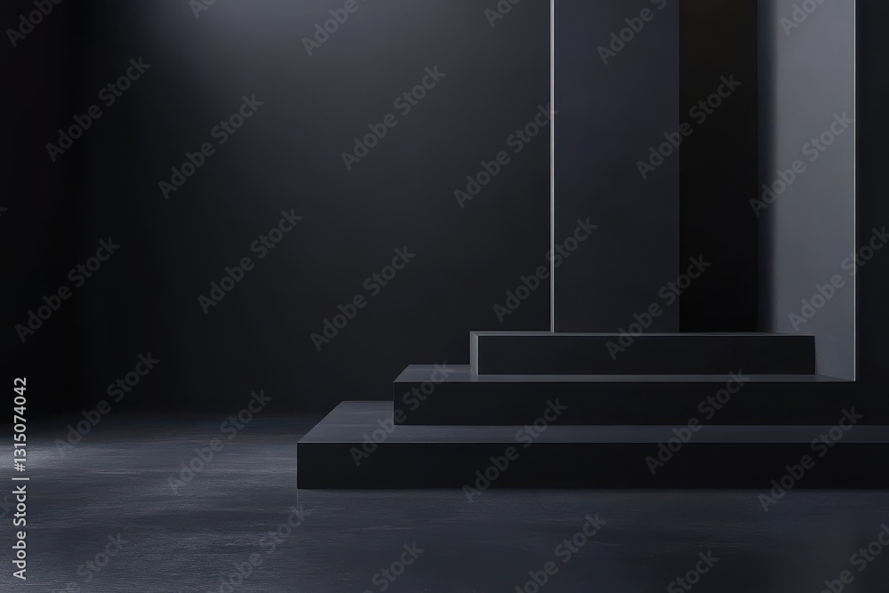 Poster a minimalist composition featuring a dark gray set of steps against a dark background with soft ligh
