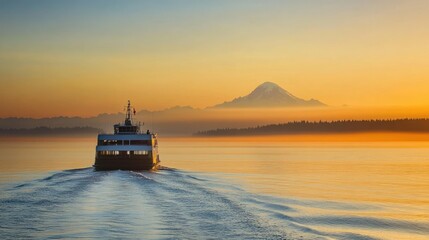 Serene Sunrise at Puget Sound: Ferry Journey with Majestic Mount Rainier in the Pacific Landscape of Washington, USA