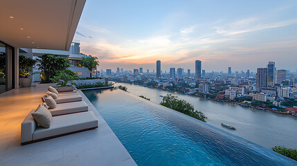 Naklejka premium Rooftop infinity pool overlooks a sprawling city and winding river at dusk casting a warm light.