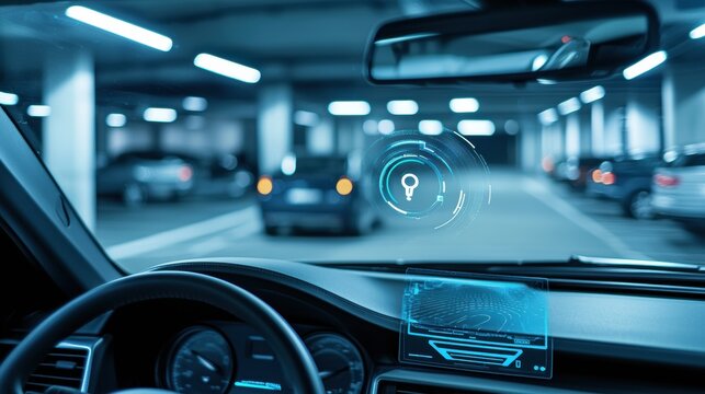 Sophisticated car security system view from windshield in underground parking garage with golden ratio elements