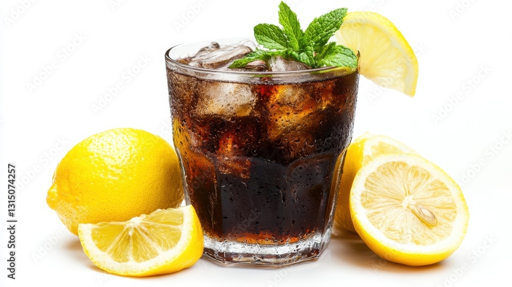 Poster refreshing cola drink with ice cubes mint and lemon slices against a clean white background in a stu