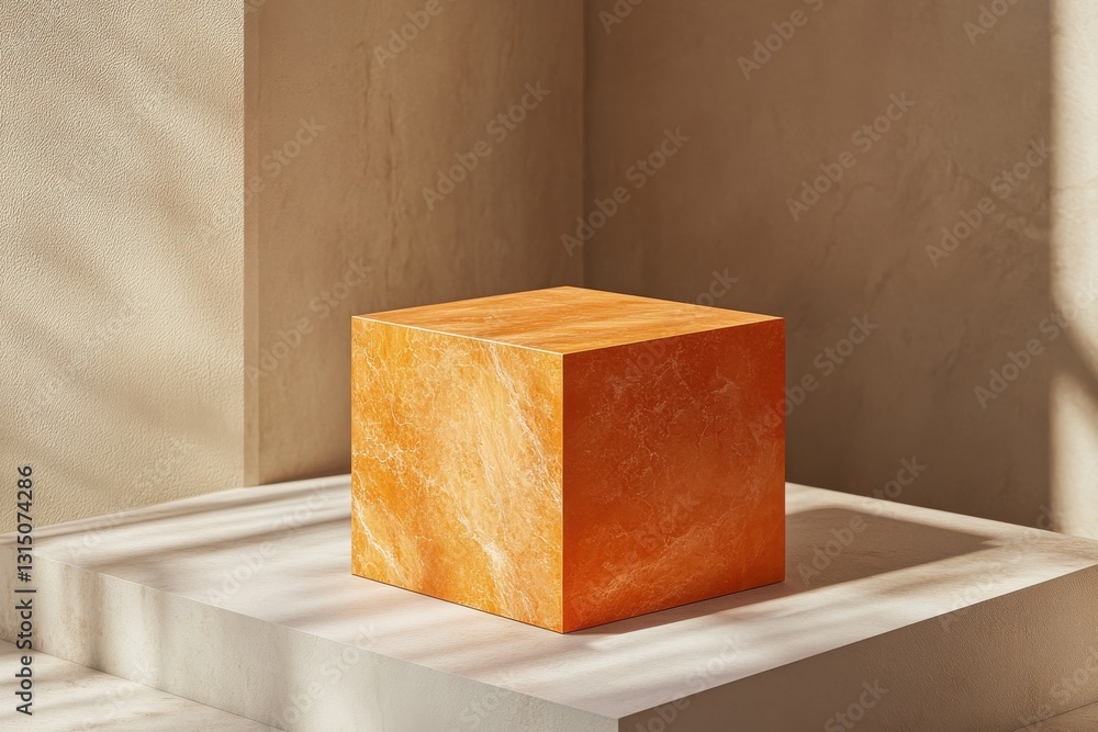 Aufkleber a minimalist scene featuring a wooden cube on steps with shadows casting across the background corne