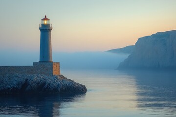 Light shines on the sea, lighthouse at dusk in croatia on rock formation in the fog