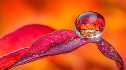 Autumn leaf dewdrop reflecting flower, vibrant background; nature macro photography for websites or publications
