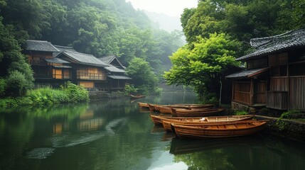 Naklejka premium Japanese Village by River with Wooden Boats