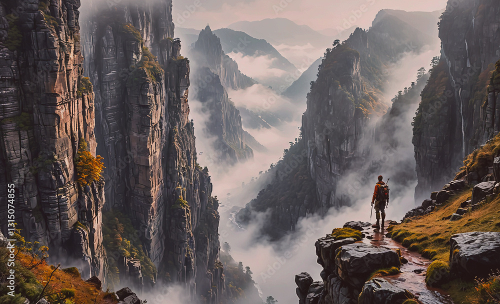 Aufkleber man is walking on a path in the mountains with a foggy atmosphere. the mountains are covered in fog 