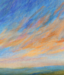 Beautiful hand painted landscape. Colored pencils  on cardboard. Versatile artistic image for creative design projects: posters, banners, websites, cards, prints, wallpapers. Artist-made art.