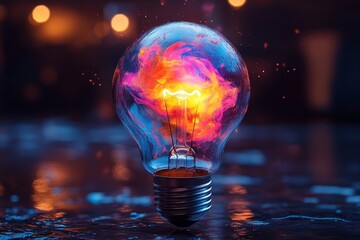 Light bulb illuminates with colorful nebula effect standing on a reflective surface at night