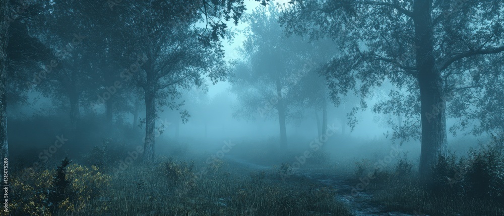 Poster eerie misty forest landscape with a winding path through the dense trees capturing the atmosphere of