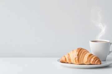 minimalist breakfast table setting with single elegantly plated croissant and steaming cup of coffee isolated on plain
