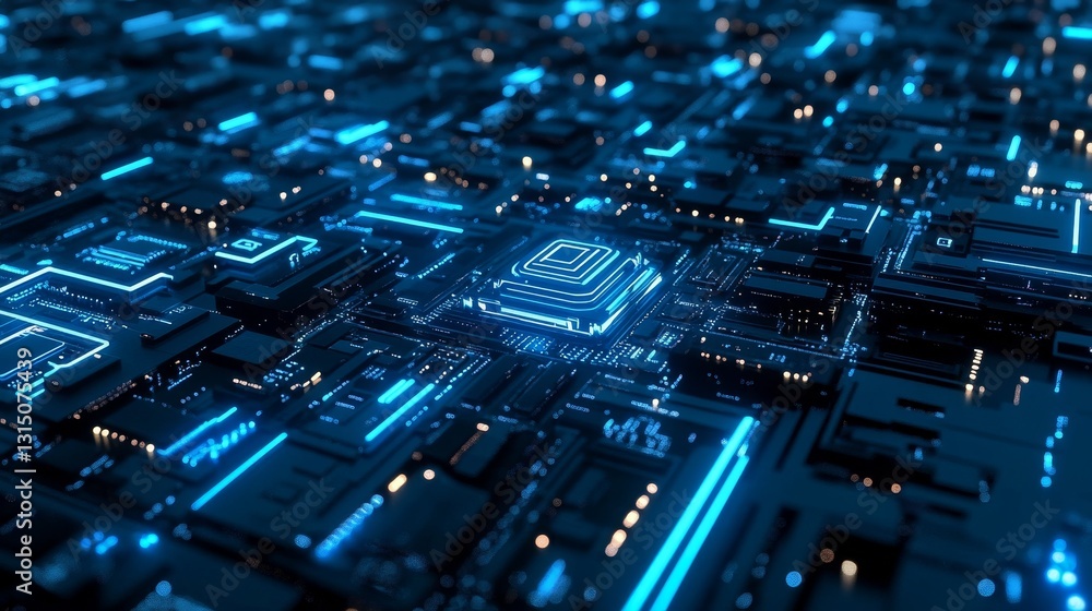 Poster a computer chip is shown in a blue and black color scheme. the chip is surrounded by a network of bl