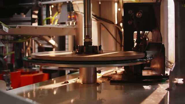 Sequence showing an automated machine carrying out the stamping process of vinyl records in a factory