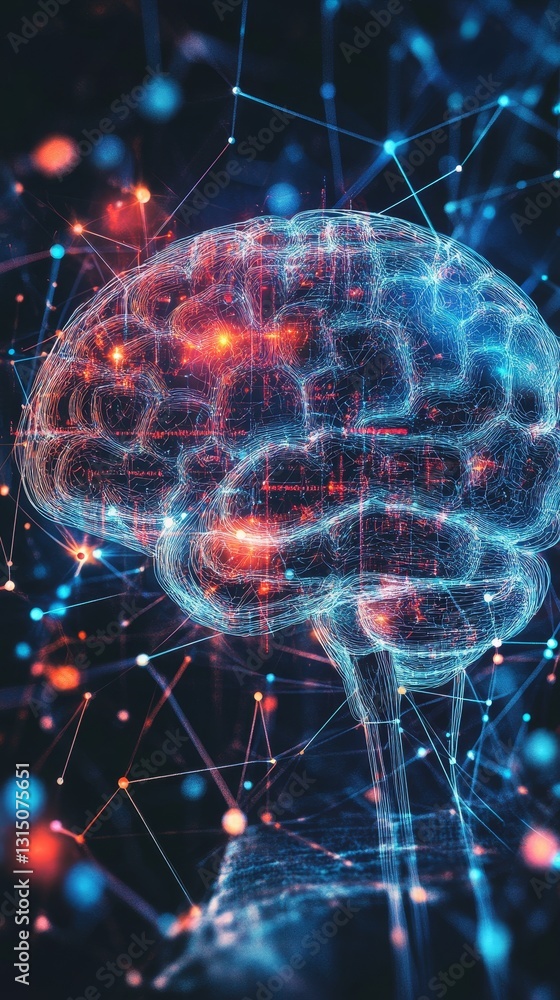 Poster a brain with red and blue lights is shown in a computer generated image. the brain is surrounded by 