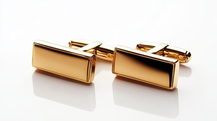 A pair of gold cufflinks with a classic design on a white isolated background
