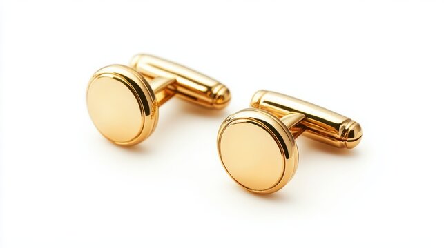 A pair of gold cufflinks with a classic design on a white isolated background