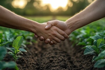 Farmers sealing agreement with handshake above crops at sunset, symbolizing partnership and trust to boost sustainable agriculture