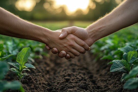 Farmers sealing agreement with handshake above crops at sunset, symbolizing partnership and trust to boost sustainable agriculture