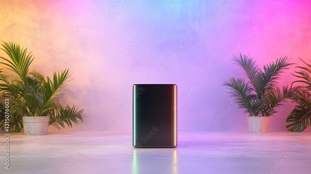 Poster dark rectangular object on bright floor with plants and neon background.
