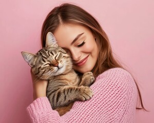 Joyful Woman Embracing Adorable Cat Against a Soft Pink Backdrop