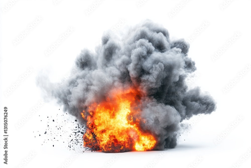 Poster a dynamic explosion of fire and smoke isolated against a pristine white background in a studio setti
