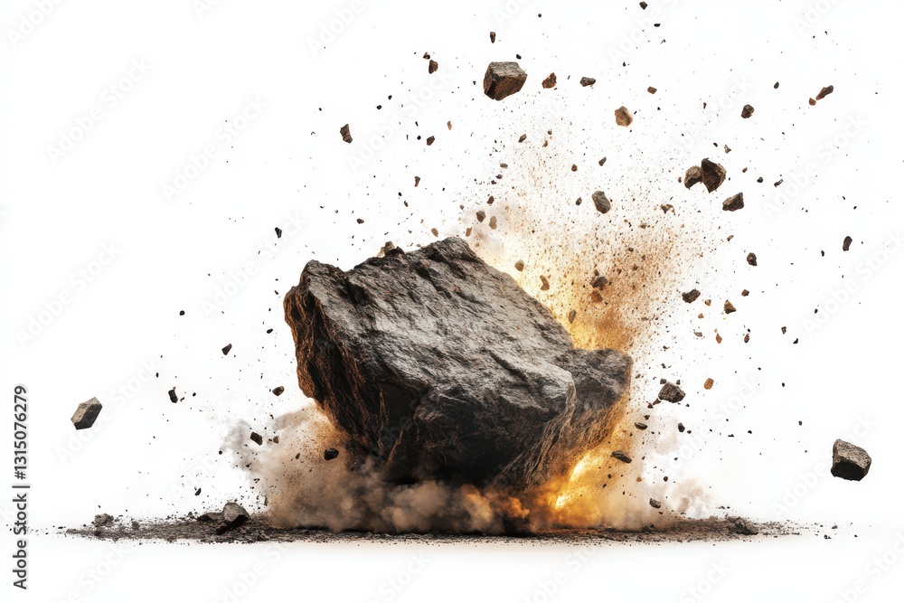Aufkleber a large rock exploding with dust and debris scattering outwards against a white background in a stud